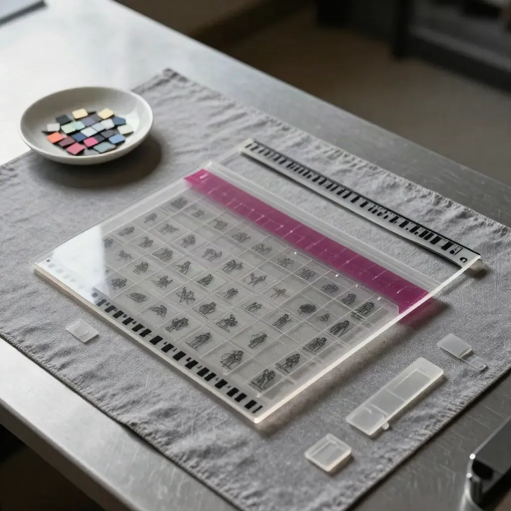 Overhead sprite-sheet lab worktable with clear sleeves, tiny pose tiles and square color chips.