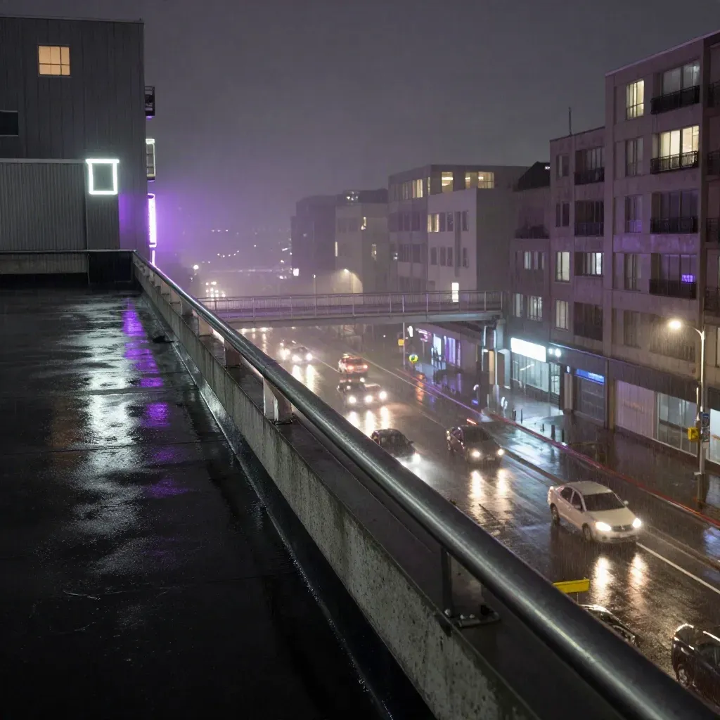 Rainy overpass at midnight with neon reflections, apartment lights, mist, and streaking traffic.