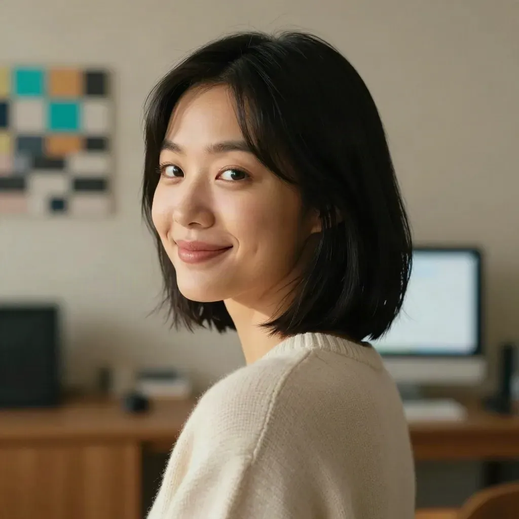 Mina Park portrait with cyan rim light before a glowing pixel-art wall