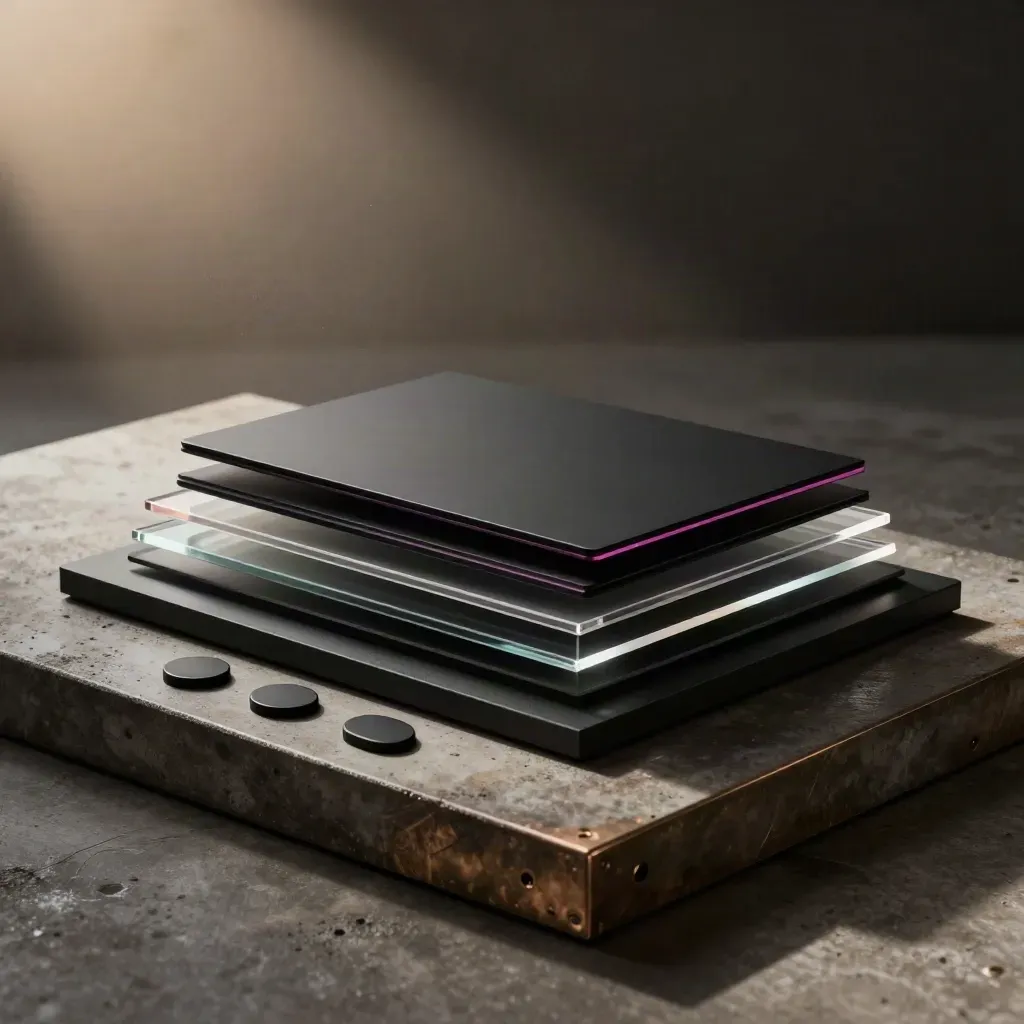 Stacked matte UI panels glowing in a dark studio with thin magenta edge-light