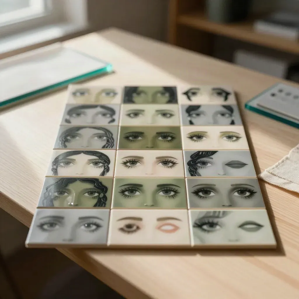 Pixel portrait tiles arranged for easy eye, hair, and mouth swaps on a warm print bench.
