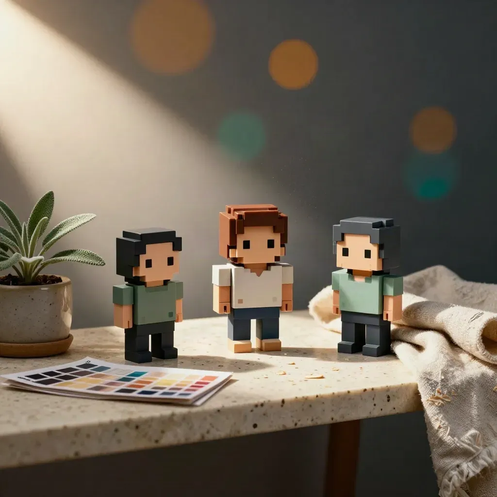 Three tiny pixel hero figurines on a travertine shelf with color chips, plant, and linen in warm light.