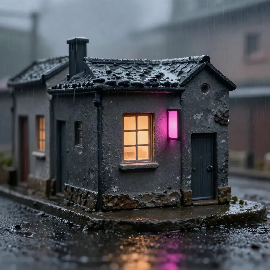 Miniature rainy alley with one window glowing on and magenta reflections on wet concrete.
