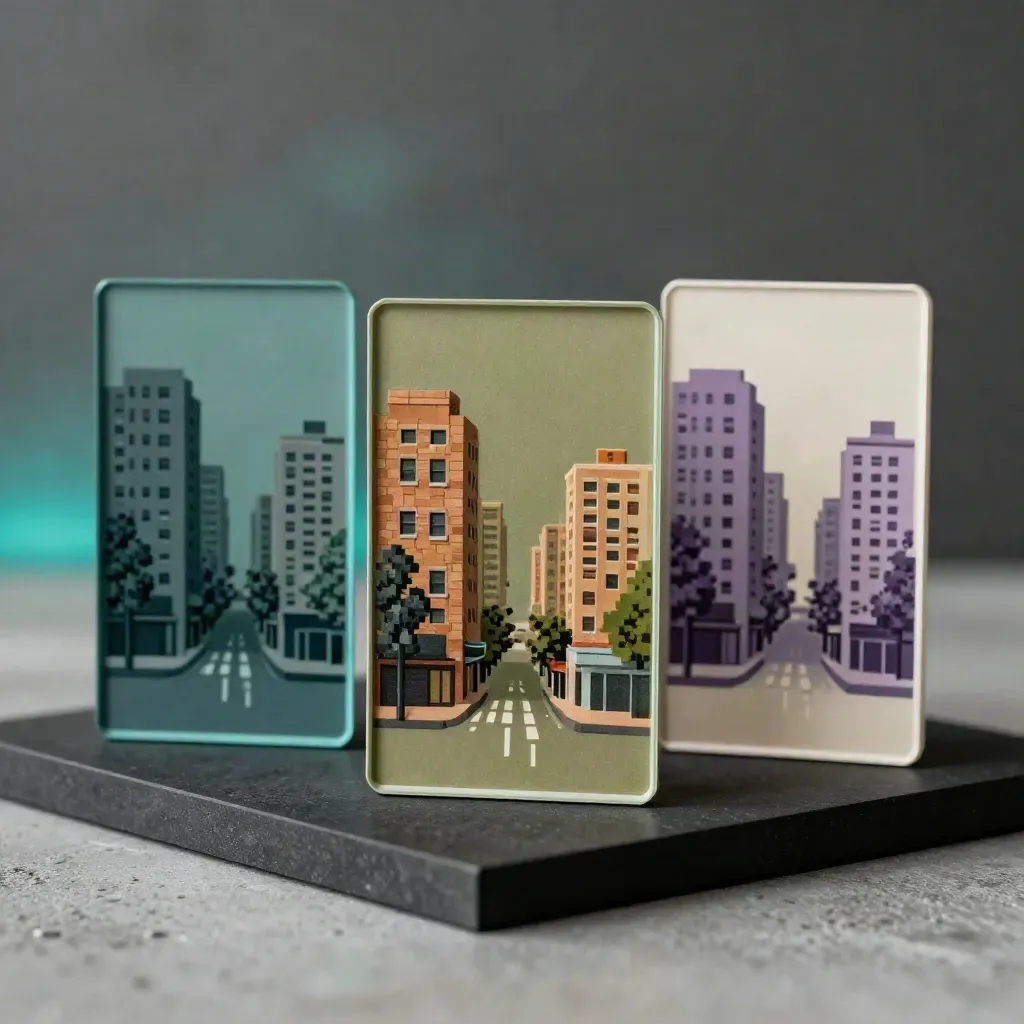 Three pixel-street display cards shift through different color palettes in a cyan glow.