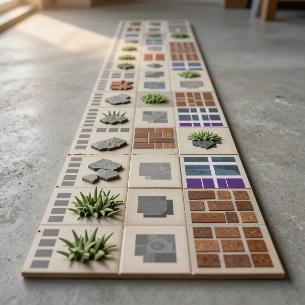Macro of pixel art tile-set boards and modular floor pieces across a concrete worktable.