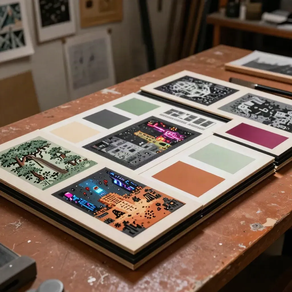 Crowded pixel-art challenge review boards layered on a terracotta worktable in a dusty studio