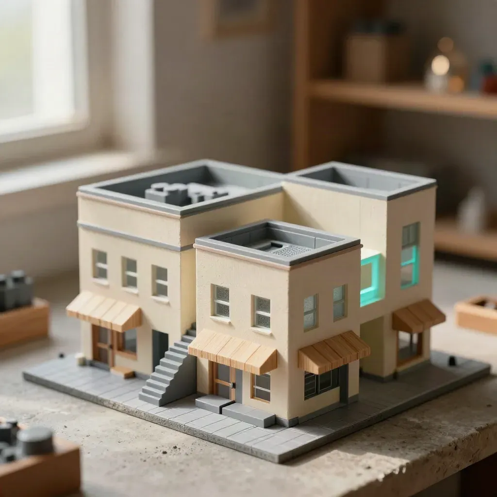 Tiny isometric building blocks on a gridded base in warm window light.