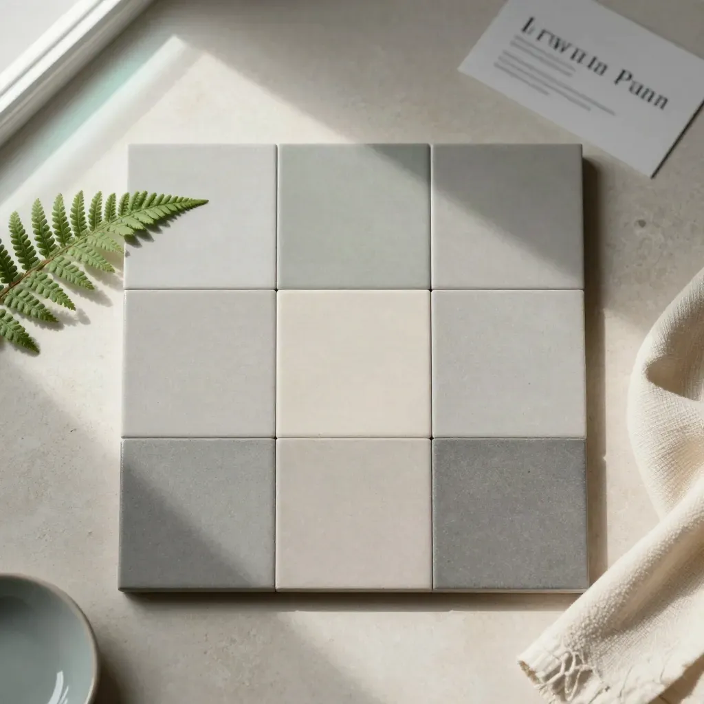 Overhead flatlay of a pixel-grid sample board with tiles, fern, cloth, and dish.